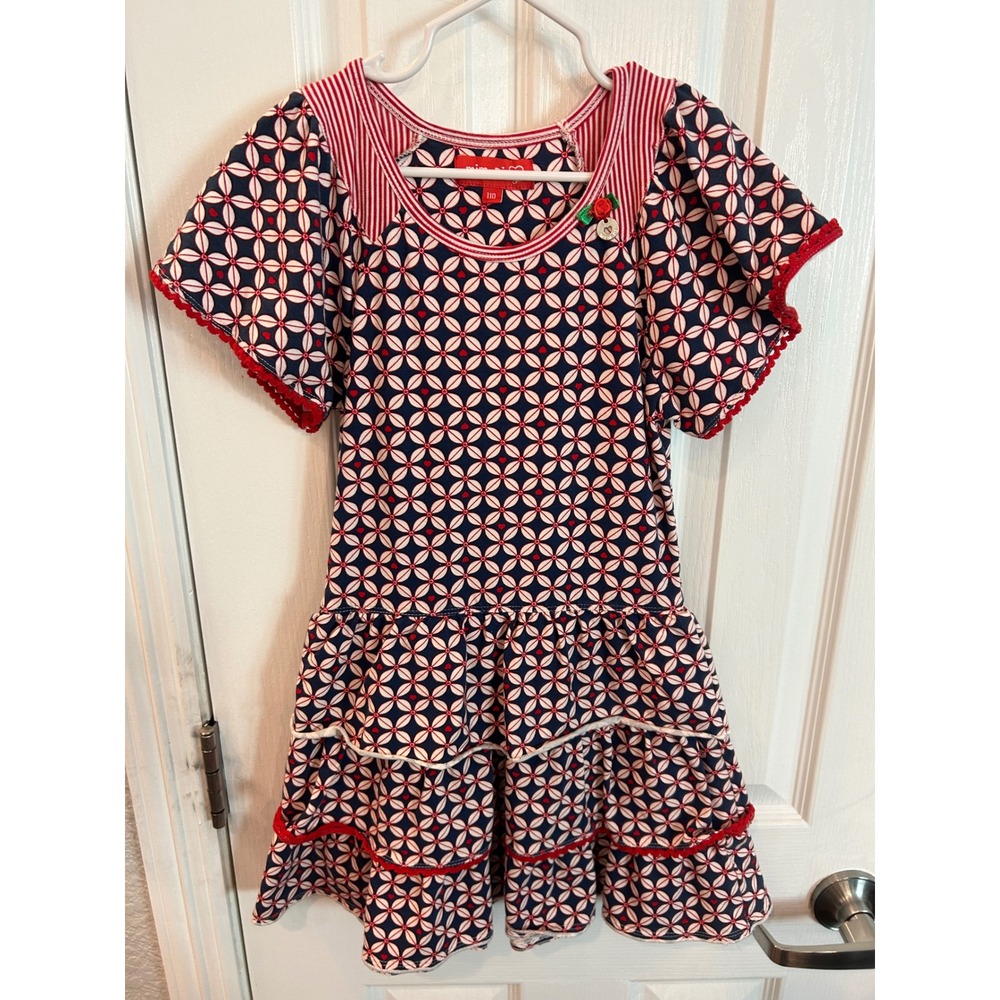 Mim-Pi Dress Navy Red Geometric Floral Heart Tiered Ruffle Flutter Sleeve 110